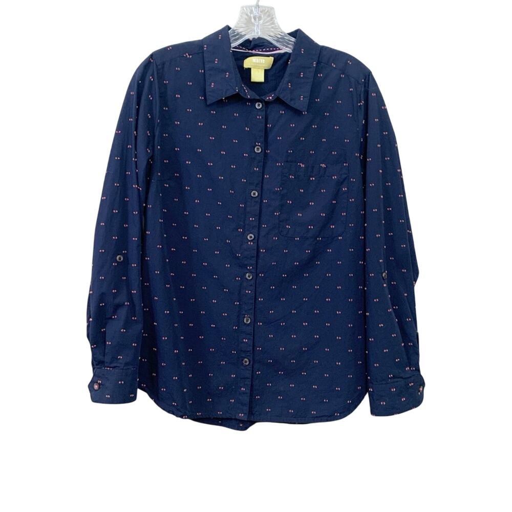 Anthropologie Maeve Button Down Navy Patterned Red/Yellow Long Sleeved Shirt